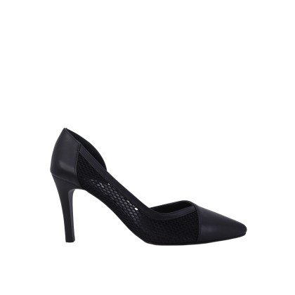 Kadın Suni Deri File Detaylı Sivri Burun Stiletto Siyah - Hobby 26757