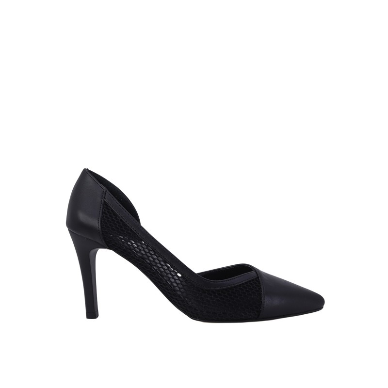 Kadın Suni Deri File Detaylı Sivri Burun Stiletto Siyah - Hobby 26757